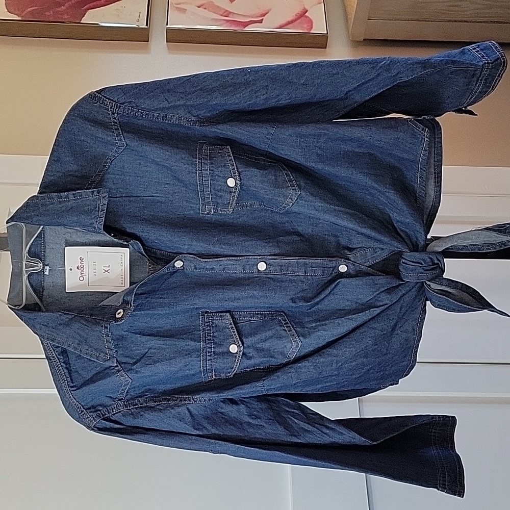 Omoone 3/4 Convertible Sleeve Crop Top Tie Knot lightweight denim Shirt SizeXL